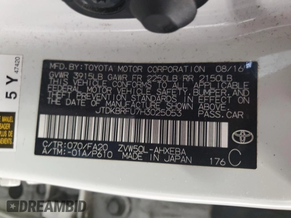 2017 Toyota Prius Two with VIN JTDKBRFU7H3025053, listed as a Copart auction lot 52550905 with 98,215 mi miles and Clean Title. Bid and sale history available at DreamBid. Image 12.