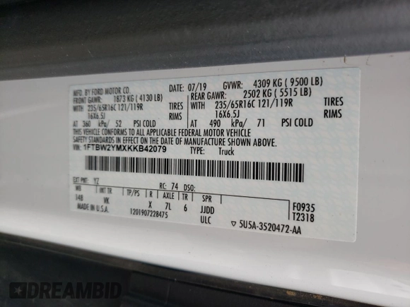 2019 Ford Transit with VIN 1FTBW2YMXKKB42079, listed as a Copart auction lot 59241015 with 192,794 mi miles and Clean title. Bid and sale history available at DreamBid. Image 13.