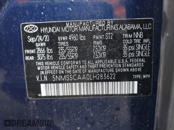 2020 Hyundai Santa Fe Limited with VIN 5NMS5CAA0LH283622, listed as a IAAI auction lot 41517434 with 37,370 mi miles. Bid and sale history available at carsss.com. Image 9.
