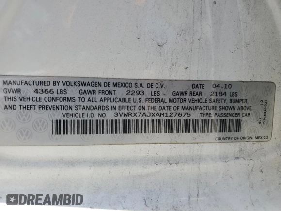 2010 Volkswagen Jetta SE z VIN 3VWRX7AJXAM127675, wystawiony jako Copart lot #56929935 z przebiegiem 169 244 mil mil oraz Nie do naprawy • Non repairable. Historia ofert i sprzedaży dostępna na DreamBid. Obrazek 12.
