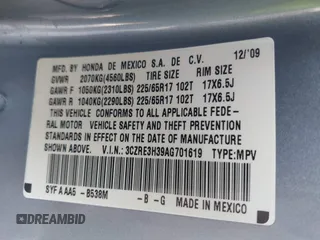 2010 Honda CR-V LX with VIN 3CZRE3H39AG701619, listed as a IAAI auction lot 41986031 with 107,200 mi miles and . Bid and sale history available at DreamBid. Image 9.