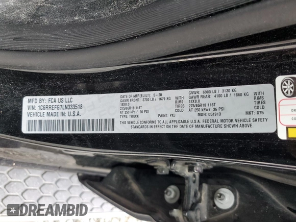 2020 Ram 1500 Big Horn with VIN 1C6RREFG7LN333518, listed as a Copart auction lot 72204024 with 121,193 mi miles and Salvage title. Bid and sale history available at DreamBid. Image 14.