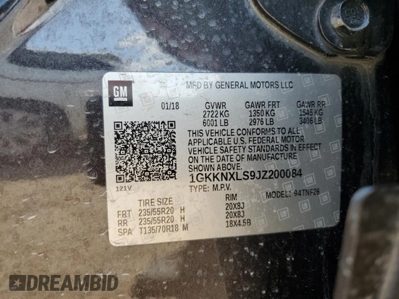 2018 GMC Acadia Denali with VIN 1GKKNXLS9JZ200084, listed as a Copart auction lot 60798145 with 170,029 mi miles and Salvage title. Bid and sale history available at DreamBid. Image 14.