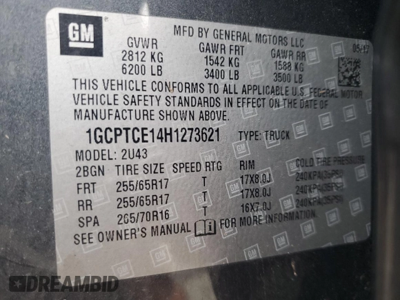 2017 Chevrolet Colorado 4WD LT with VIN 1GCPTCE14H1273621, listed as a Copart auction lot 68948654 with 177,989 mi miles and Salvage title. Bid and sale history available at DreamBid. Image 12.