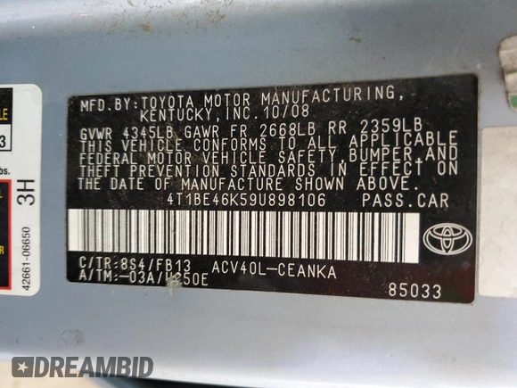 2009 Toyota Camry with VIN 4T1BE46K59U898106, listed as a Copart auction lot 55289825 with 180,356 mi miles and Salvage Title. Bid and sale history available at DreamBid. Image 12.