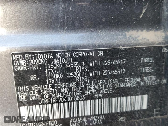 2019 Toyota RAV4 LE with VIN JTMF1RFV0KJ018803, listed as a Copart auction lot 49893715 with 77,595 mi miles and Salvage Title. Bid and sale history available at DreamBid. Image 13.