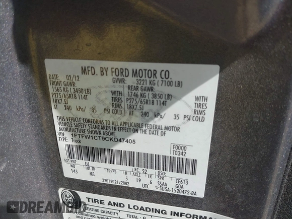 2012 Ford F-150 XL with VIN 1FTFW1CT9CKD47405, listed as a IAAI auction lot 41872200 with 180,266 mi miles. Bid and sale history available at carsss.com. Image 9.