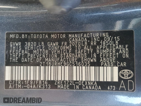 2016 Toyota Corolla L with VIN 2T1BURHE9GC516035, listed as a Copart auction lot 54925305 with 187,229 mi miles and Salvage Title. Bid and sale history available at DreamBid. Image 13.