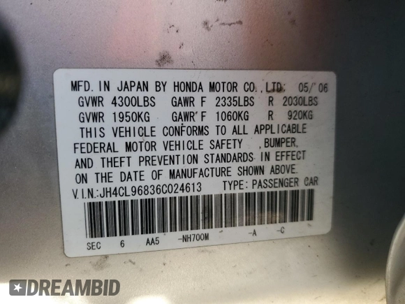 2006 Acura TSX with VIN JH4CL96836C024613, listed as a Copart auction lot 49825475 with 245,549 mi miles and Salvage Title. Bid and sale history available at carsss.com. Image 12.
