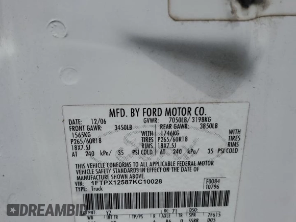 2007 Ford F-150 XL с VIN 1FTPX12587KC10028, выставлен на аукционе Copart как лот 55263855 с пробегом 202 135 миль миль и Списание • Salvage title. История ставок и продаж доступна на DreamBid. Изображение 12.