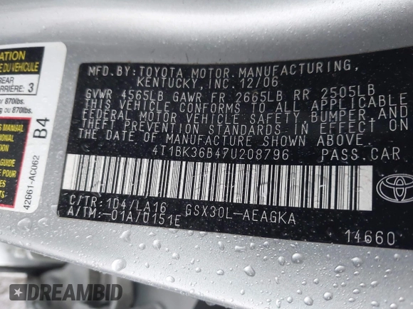 2007 Toyota Avalon XL with VIN 4T1BK36B47U208796, listed as a IAAI auction lot 42008744 with 250,000 mi miles. Bid and sale history available at carsss.com. Image 9.