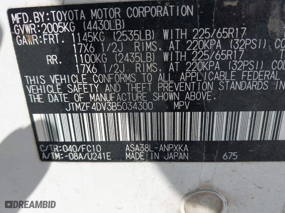2011 Toyota RAV4 with VIN JTMZF4DV3B5034300, listed as a IAAI auction lot 38873749 with 173,430 mi miles. Bid and sale history available at carsss.com. Image 9.