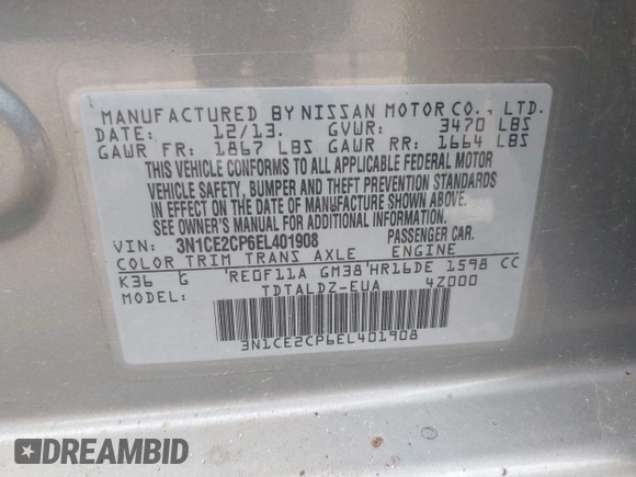 2014 Nissan Note SV with VIN 3N1CE2CP6EL401908, listed as a IAAI auction lot 42142322 with 139,736 mi miles and . Bid and sale history available at DreamBid. Image 9.