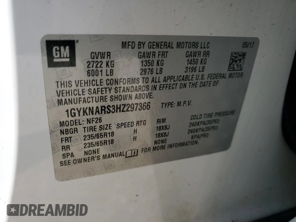 2017 Cadillac XT5 FWD z VIN 1GYKNARS3HZ297366, wystawiony jako Copart lot #53908815 z przebiegiem 95 834 mil mil oraz Szkoda całkowita • Salvage title. Historia ofert i sprzedaży dostępna na DreamBid. Obrazek 13.