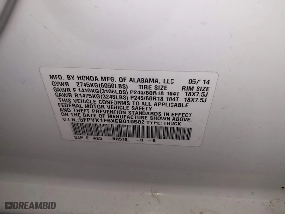 2014 Honda Ridgeline SE with VIN 5FPYK1F6XEB010582, listed as a IAAI auction lot 41641803 with 69,923 mi miles. Bid and sale history available at carsss.com. Image 9.