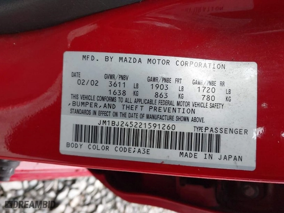 2002 Mazda Protege5 with VIN JM1BJ245221591260, listed as a IAAI auction lot 41755724 with 228,715 mi miles. Bid and sale history available at carsss.com. Image 9.
