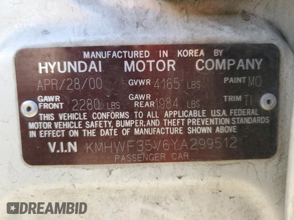 2000 Hyundai Sonata GLS with VIN KMHWF35V6YA299512, listed as a Copart auction lot 41574525 with 130,327 mi miles and Salvage Title. Bid and sale history available at carsss.com. Image 12.