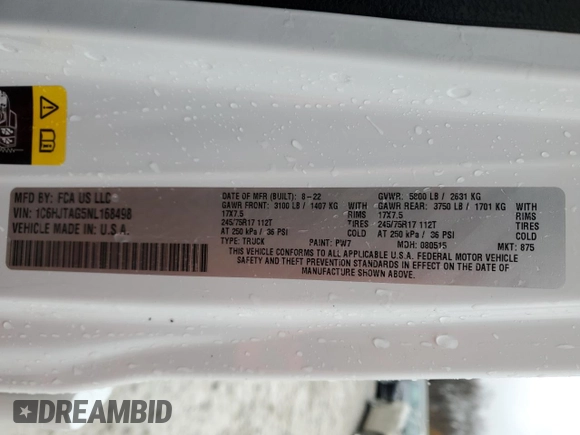 2022 Jeep Gladiator Sport S with VIN 1C6HJTAG5NL168498, listed as a Copart auction lot 81264854 with 26,642 mi miles and Salvage title. Bid and sale history available at DreamBid. Image 13.