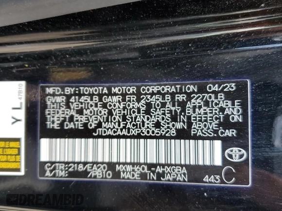 2023 Toyota Prius LE z VIN JTDACAAUXP3005928, wystawiony jako Copart lot #56358905 z przebiegiem 38 417 mil mil oraz Szkoda całkowita • Salvage title. Historia ofert i sprzedaży dostępna na DreamBid. Obrazek 12.