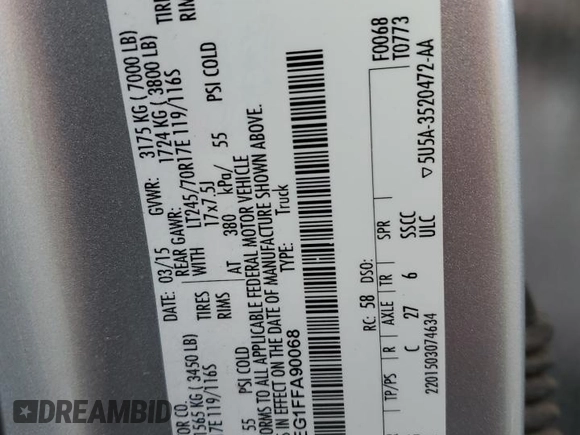 2015 Ford F-150 XLT with VIN 1FTEW1EG1FFA90068, listed as a Copart auction lot 84421594 with 150,386 mi miles and Salvage title. Bid and sale history available at DreamBid. Image 12.
