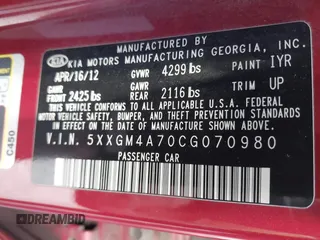 2012 Kia Optima LX with VIN 5XXGM4A70CG070980, listed as a IAAI auction lot 41744124 with 158,355 mi miles and . Bid and sale history available at carsss.com. Image 9.