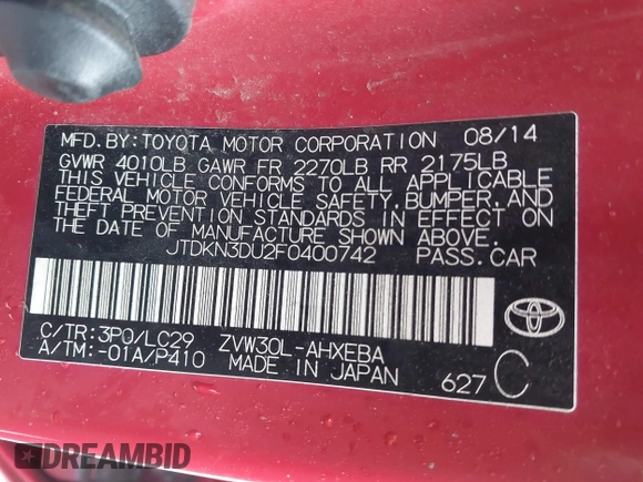 2015 Toyota Prius Four with VIN JTDKN3DU2F0400742, listed as a IAAI auction lot 42013489 with 208,579 mi miles. Bid and sale history available at carsss.com. Image 9.