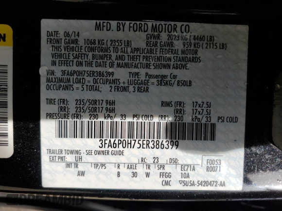 2014 Ford Fusion SE with VIN 3FA6P0H75ER386399, listed as a Copart auction lot 50733115 with Not Provided miles and Salvage Title. Bid and sale history available at DreamBid. Image 12.