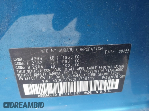 2023 Subaru Impreza Premium with VIN 4S3GTAD62P3700119, listed as a IAAI auction lot 41180070 with 20,853 mi miles and . Bid and sale history available at DreamBid. Image 9.