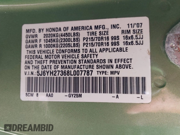 2008 Honda Element with VIN 5J6YH27368L007787, listed as a IAAI auction lot 41954001 with 224,893 mi miles and . Bid and sale history available at DreamBid. Image 9.