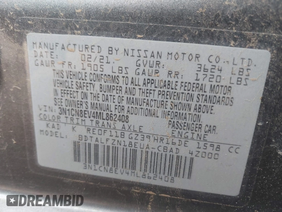 2021 Nissan Versa SV z VIN 3N1CN8EV4ML862408, wystawiony jako IAAI lot #42233052 z przebiegiem 80 435 mil mil oraz . Historia ofert i sprzedaży dostępna na DreamBid. Obrazek 9.