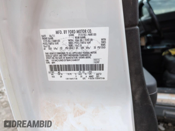 2011 Ford Escape Limited with VIN 1FMCU9EG7BKC64637, listed as a Copart auction lot 45499165 with 217,203 mi miles and Salvage Title. Bid and sale history available at carsss.com. Image 13.