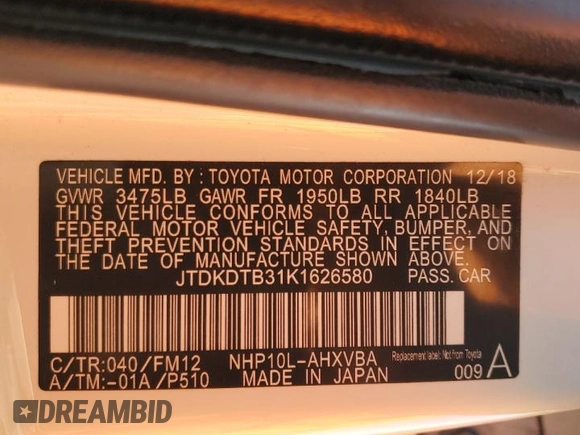2019 Toyota Prius L z VIN JTDKDTB31K1626580, wystawiony jako Copart lot #58087435 z przebiegiem 42 210 mil mil oraz Czysty tytuł • Clean title. Historia ofert i sprzedaży dostępna na DreamBid. Obrazek 12.