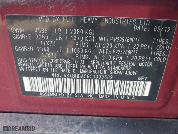 2012 Subaru Outback 2.5i with VIN 4S4BRBAC6C3300689, listed as a IAAI auction lot 39736745 with 204,744 mi miles. Bid and sale history available at carsss.com. Image 9.