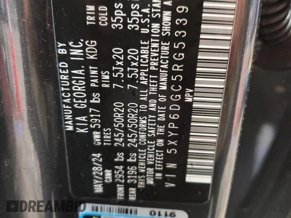 2024 Kia Telluride S с VIN 5XYP6DGC5RG533974, выставлен на аукционе Copart как лот 56231825 с пробегом 12 763 миль миль и Списание • Salvage title. История ставок и продаж доступна на DreamBid. Изображение 14.