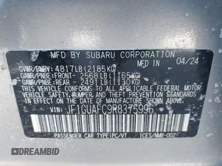 2024 Subaru Impreza Sport with VIN JF1GUAFC9R8375996, listed as a IAAI auction lot 41796228 with 12,691 mi miles. Bid and sale history available at carsss.com. Image 9.