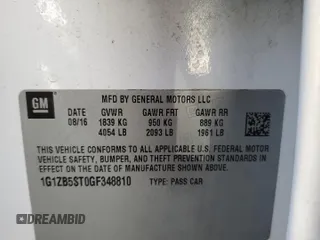 2016 Chevrolet Malibu LS with VIN 1G1ZB5ST0GF348810, listed as a Copart auction lot 52952965 with 106,050 mi miles and Salvage Title. Bid and sale history available at DreamBid. Image 14.