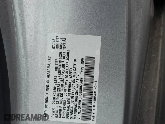 2019 Honda Odyssey EX with VIN 5FNRL6H59KB022682, listed as a Copart auction lot 58787265 with 54,803 mi miles and Salvage title. Bid and sale history available at DreamBid. Image 13.
