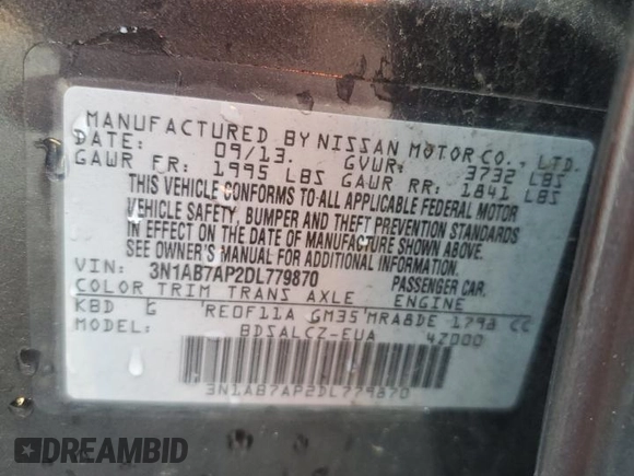 2013 Nissan Sentra SR with VIN 3N1AB7AP2DL779870, listed as a Copart auction lot 50965775 with 137,843 mi miles and Salvage Title. Bid and sale history available at DreamBid. Image 12.