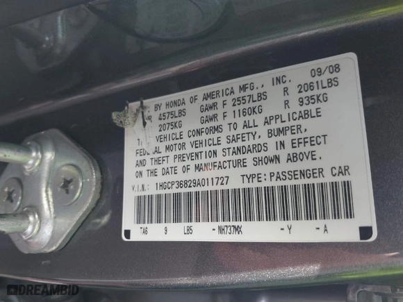 2009 Honda Accord Sdn EX-L with VIN 1HGCP36829A011727, listed as a IAAI auction lot 41712751 with 152318 miles. Bid and sale history available at carsss.com. Image 9.