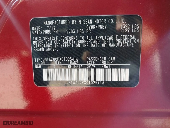 2012 Nissan LEAF SL with VIN JN1AZ0CPXCT025416, listed as a IAAI auction lot 42021742 with 61,301 mi miles. Bid and sale history available at carsss.com. Image 9.