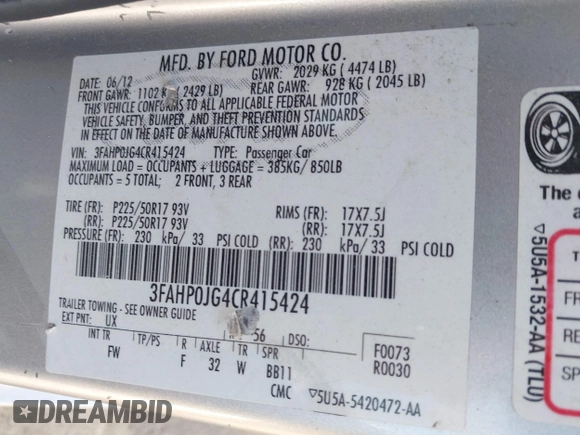 2012 Ford Fusion SEL with VIN 3FAHP0JG4CR415424, listed as a IAAI auction lot 42555115 with 94,276 mi miles and . Bid and sale history available at DreamBid. Image 9.