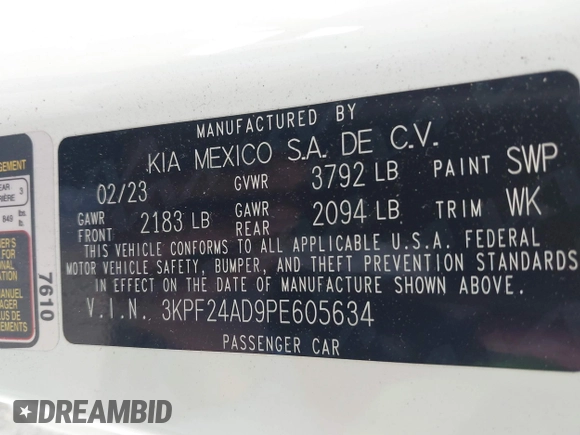 2023 Kia Forte LXS with VIN 3KPF24AD9PE605634, listed as a IAAI auction lot 41735831 with 18,042 mi miles. Bid and sale history available at carsss.com. Image 9.