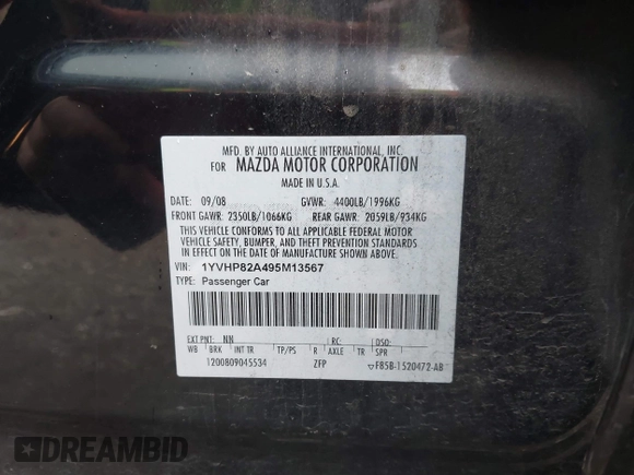 2009 Mazda 6 i Touring with VIN 1YVHP82A495M13567, listed as a IAAI auction lot 42180767 with 176,194 mi miles and . Bid and sale history available at DreamBid. Image 9.