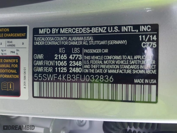 2015 Mercedes-Benz C-Class C 300 Luxury with VIN 55SWF4KB3FU032836, listed as a IAAI auction lot 41771292 with 80,288 mi miles. Bid and sale history available at carsss.com. Image 9.