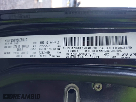 2009 Dodge 1500 Laramie z VIN 1D3HV13T49S730776, wystawiony jako IAAI lot #41396097 z przebiegiem 206 684 mil mil oraz . Historia ofert i sprzedaży dostępna na DreamBid. Obrazek 9.