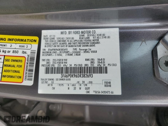 2013 Ford Fusion Titanium with VIN 3FA6P0K96DR382693, listed as a Copart auction lot 61753245 with 92,326 mi miles and Salvage title. Bid and sale history available at DreamBid. Image 13.