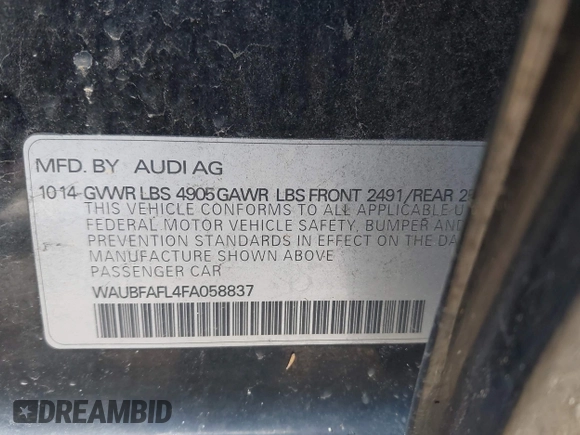 2015 Audi A4 Premium with VIN WAUBFAFL4FA058837, listed as a IAAI auction lot 41907805 with 135,804 mi miles. Bid and sale history available at carsss.com. Image 9.
