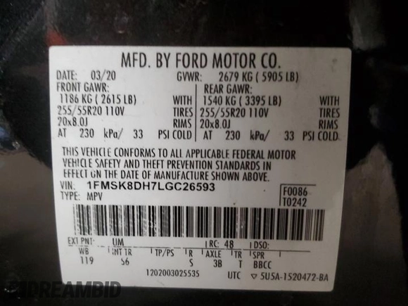 2020 Ford Explorer XLT with VIN 1FMSK8DH7LGC26593, listed as a Copart auction lot 49618145 with 191,010 mi miles and Salvage Title. Bid and sale history available at DreamBid. Image 16.