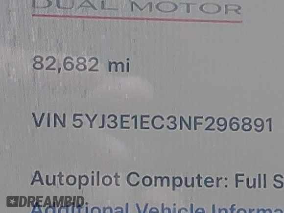 2022 Tesla Model 3 Performance with VIN 5YJ3E1EC3NF296891, listed as a IAAI auction lot 41808329 with 82,682 mi miles and . Bid and sale history available at DreamBid. Image 9.