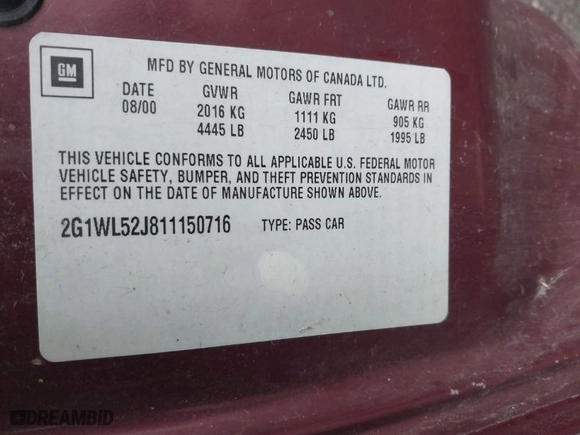 2001 Chevrolet Lumina with VIN 2G1WL52J811150716, listed as a IAAI auction lot 41795418 with 239,153 mi miles. Bid and sale history available at carsss.com. Image 9.